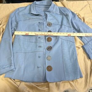 Neon Buddha Lg Jersey Cotton Blend Stretch Artsy BOHO Lg Buttons Raw Edges Blue